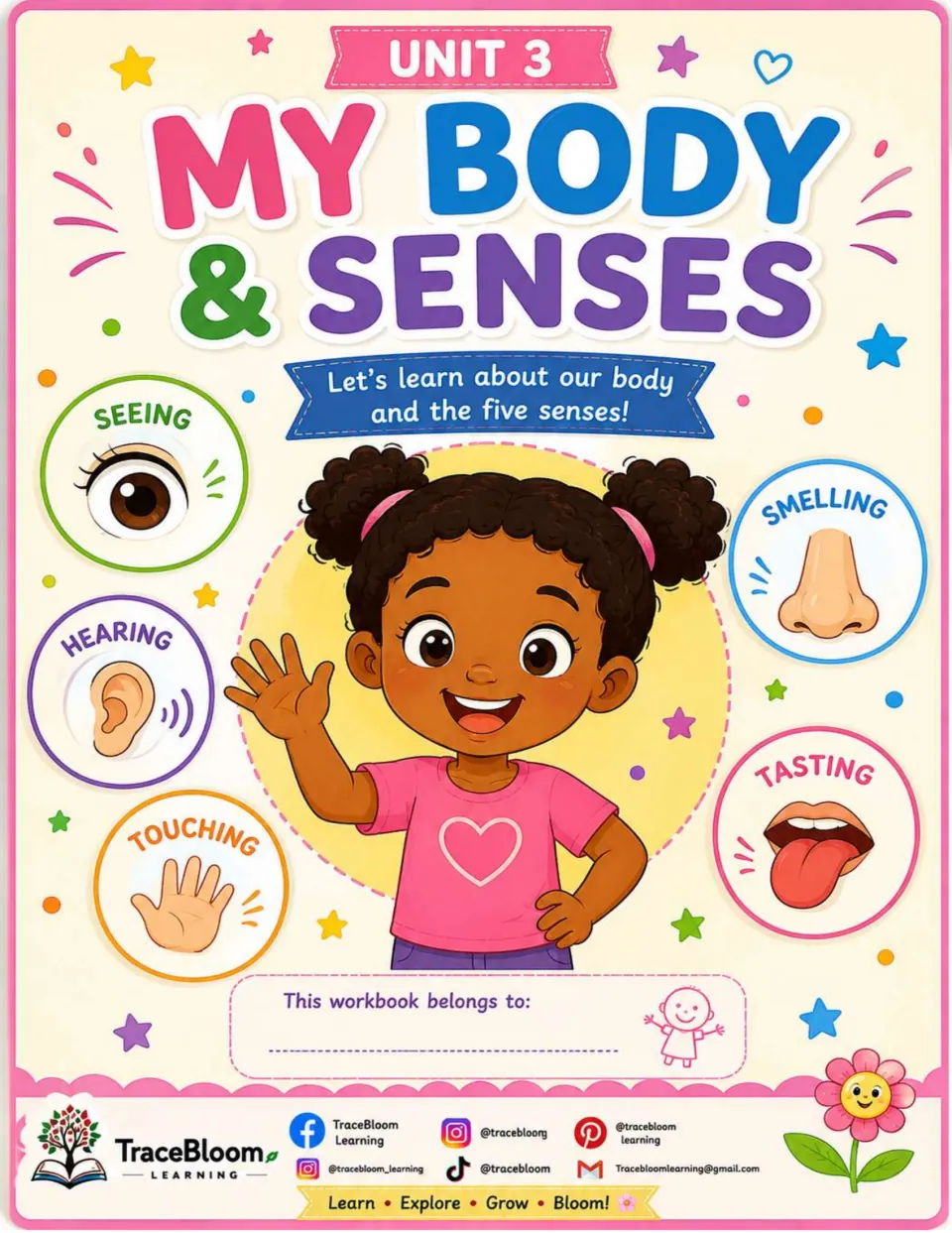 Workbook cover for Unit 3, My Body & Senses, introducing seeing, hearing, smelling, tasting, and touching