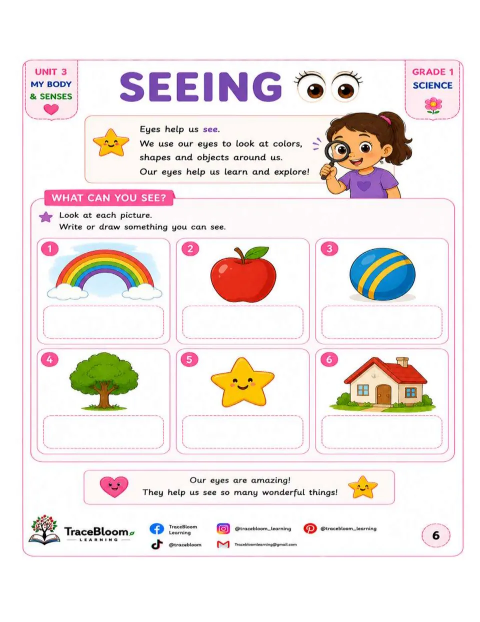 Seeing activity asks students to write or draw what they see: a rainbow, apple, ball, tree, star, and house