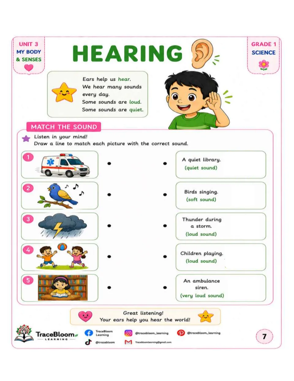 Hearing activity matches five pictures to sounds: an ambulance, birds, thunder, children, and a library