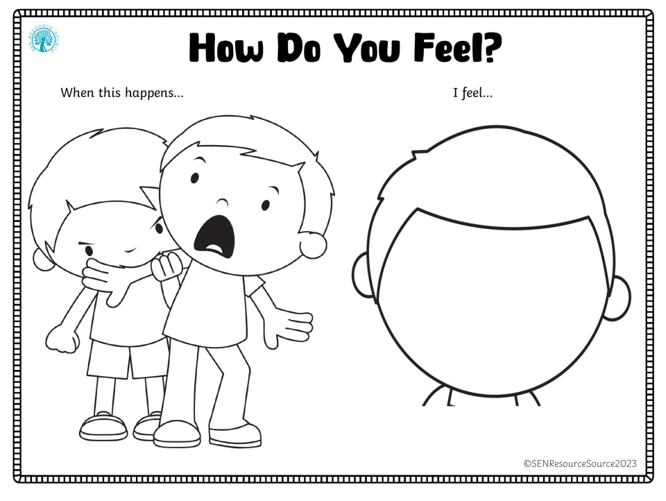 Emotion-response worksheet showing a child covering another child's mouth and a blank face to draw a feeling