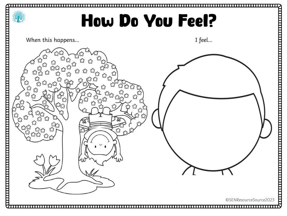 Emotion-response worksheet showing a child hanging upside down from a tree and a blank face to draw a feeling
