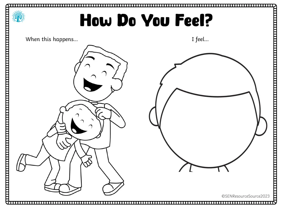 Emotion-response worksheet showing two smiling children, one holding the other's head, and a blank face