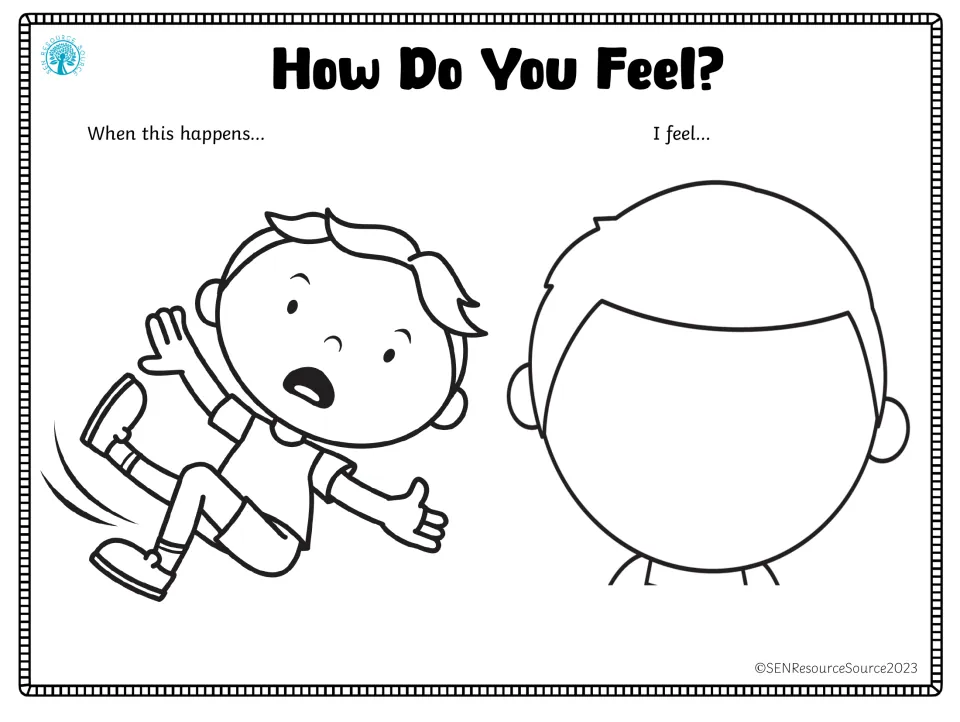 Emotion-response worksheet showing a child falling backward and a blank face for drawing how it would feel