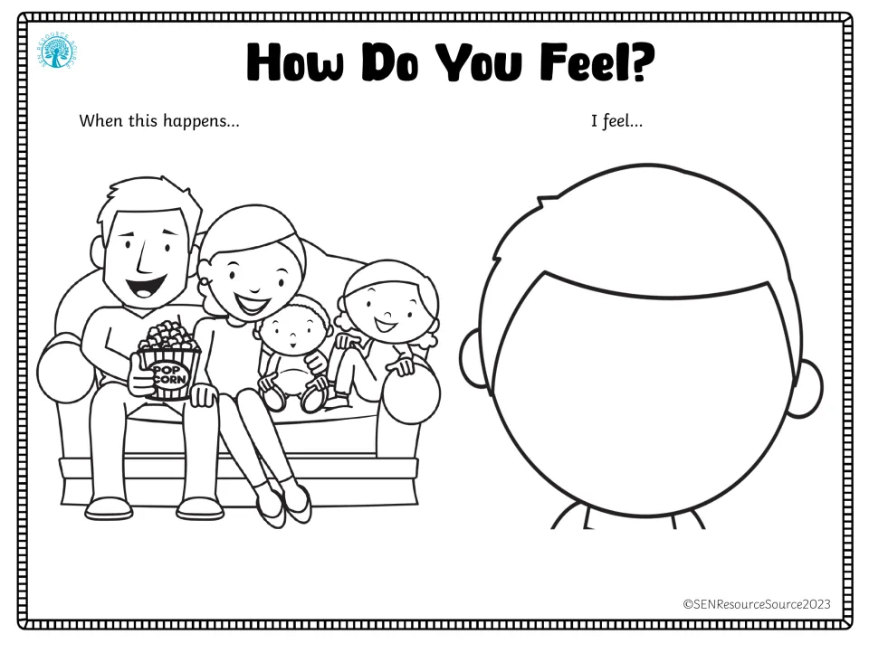 Emotion-response worksheet showing a family sitting together with popcorn and a blank face to draw a feeling