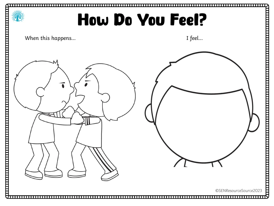 Emotion-response worksheet showing two children grabbing each other's shirts and a blank face to draw a feeling
