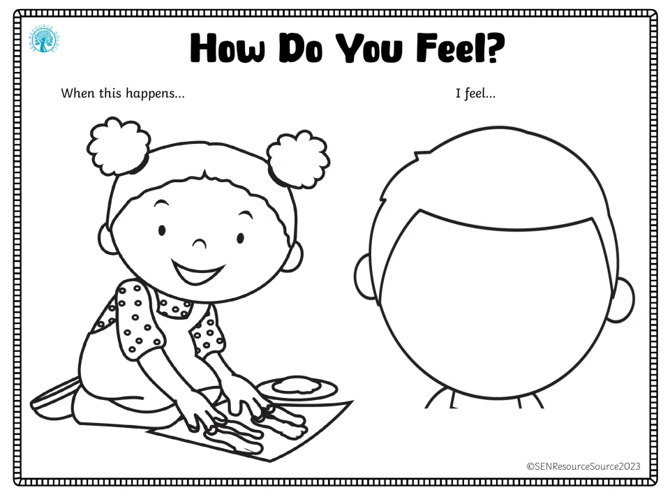 Emotion-response worksheet showing a child finger painting and a blank face for drawing how it would feel