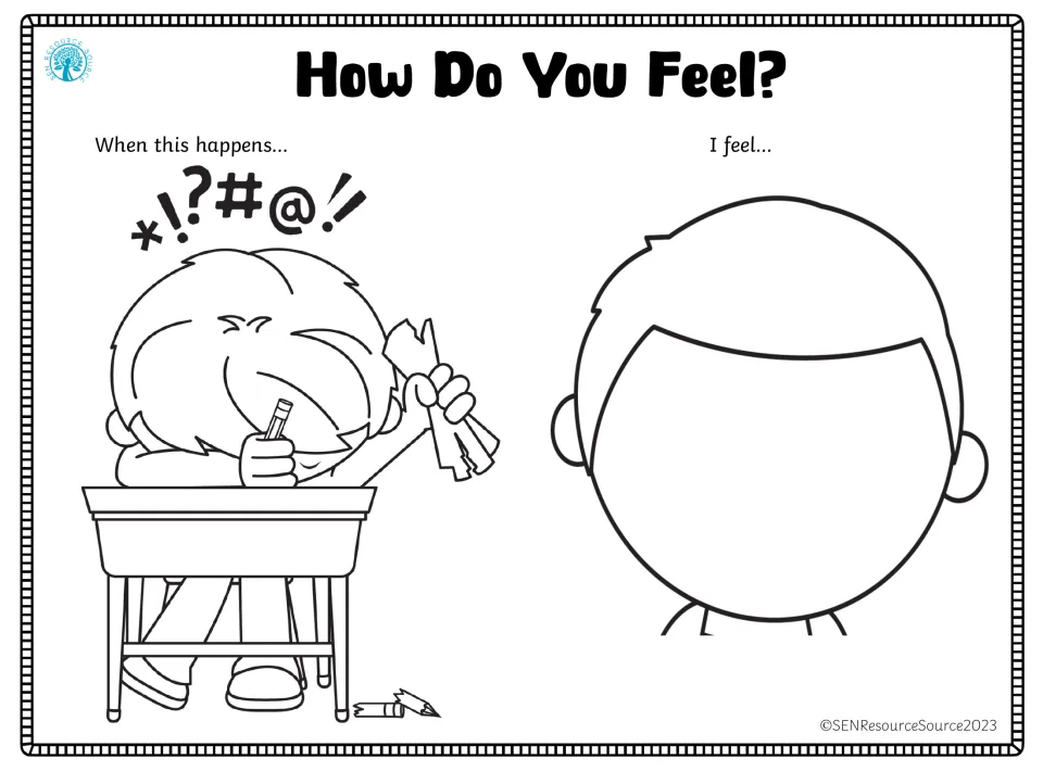 Emotion-response worksheet showing a child upset at a desk with torn paper and a blank face to draw a feeling