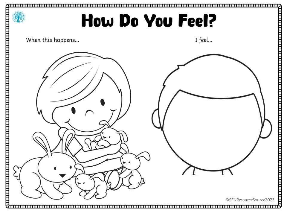 Emotion-response worksheet showing a child holding a rabbit beside three more and a blank face to draw a feeling