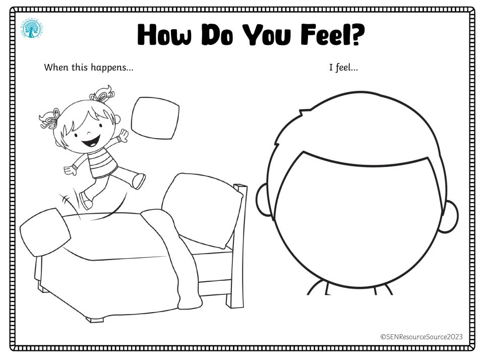 Emotion-response worksheet showing a child jumping on a bed and a blank face for drawing how it would feel