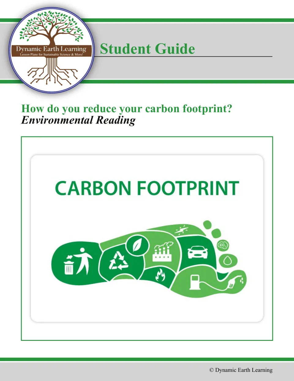 Student guide cover titled 'How do you reduce your carbon footprint?' with an Environmental Reading label