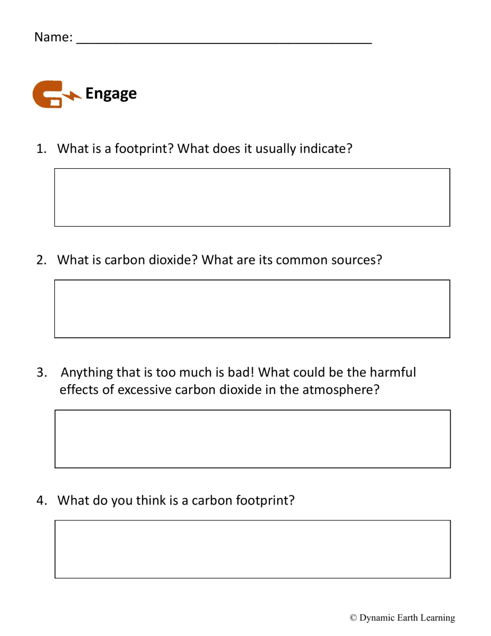Engage section: four questions about footprints, carbon dioxide sources, excess CO2, and carbon footprints