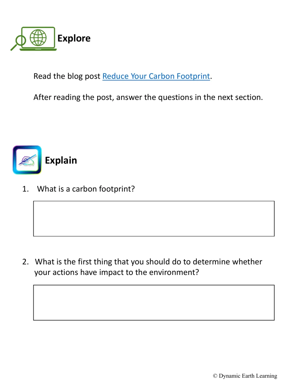 Explore reading link and Explain questions 1–2 on defining a carbon footprint and assessing environmental impact