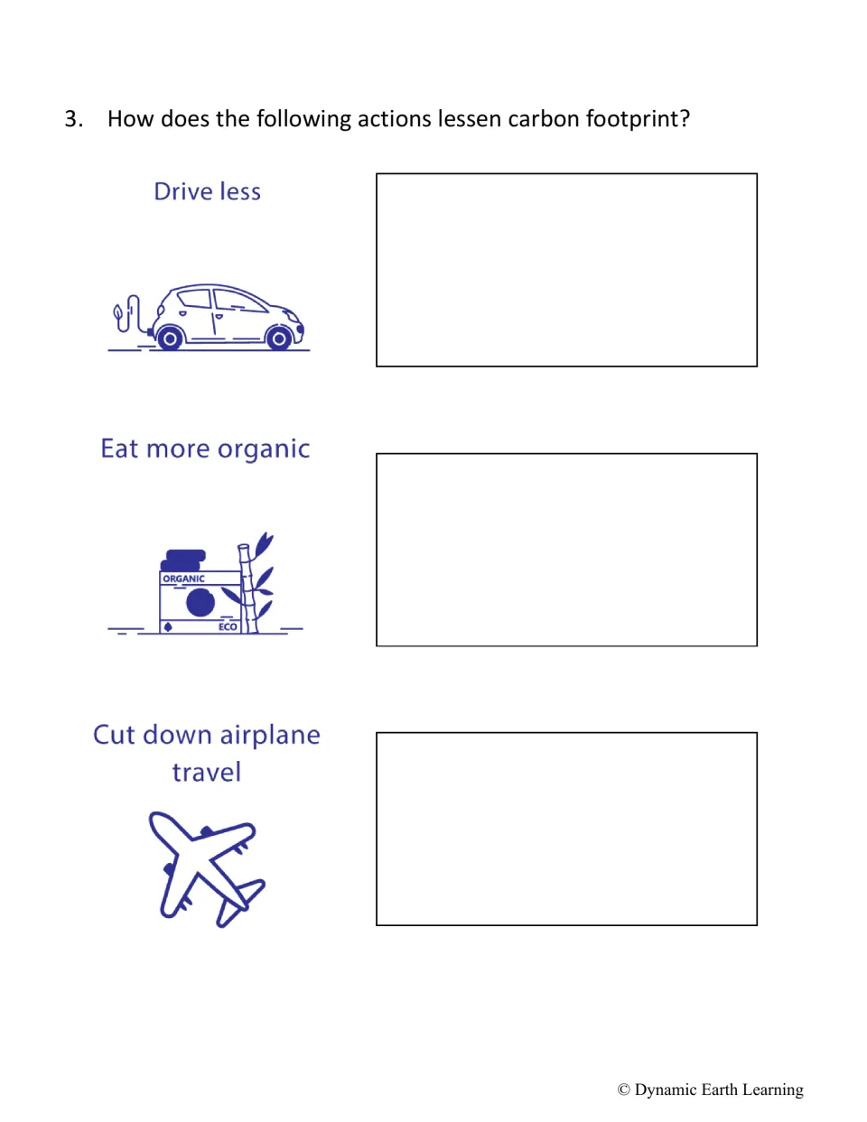 Explain question 3 asks how driving less, eating more organic food, and reducing air travel lessen carbon footprints