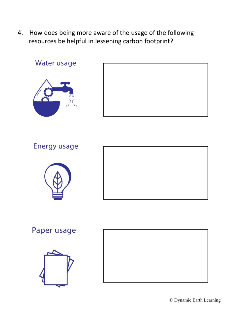 Explain question 4 asks how awareness of water, energy, and paper usage helps lessen a carbon footprint