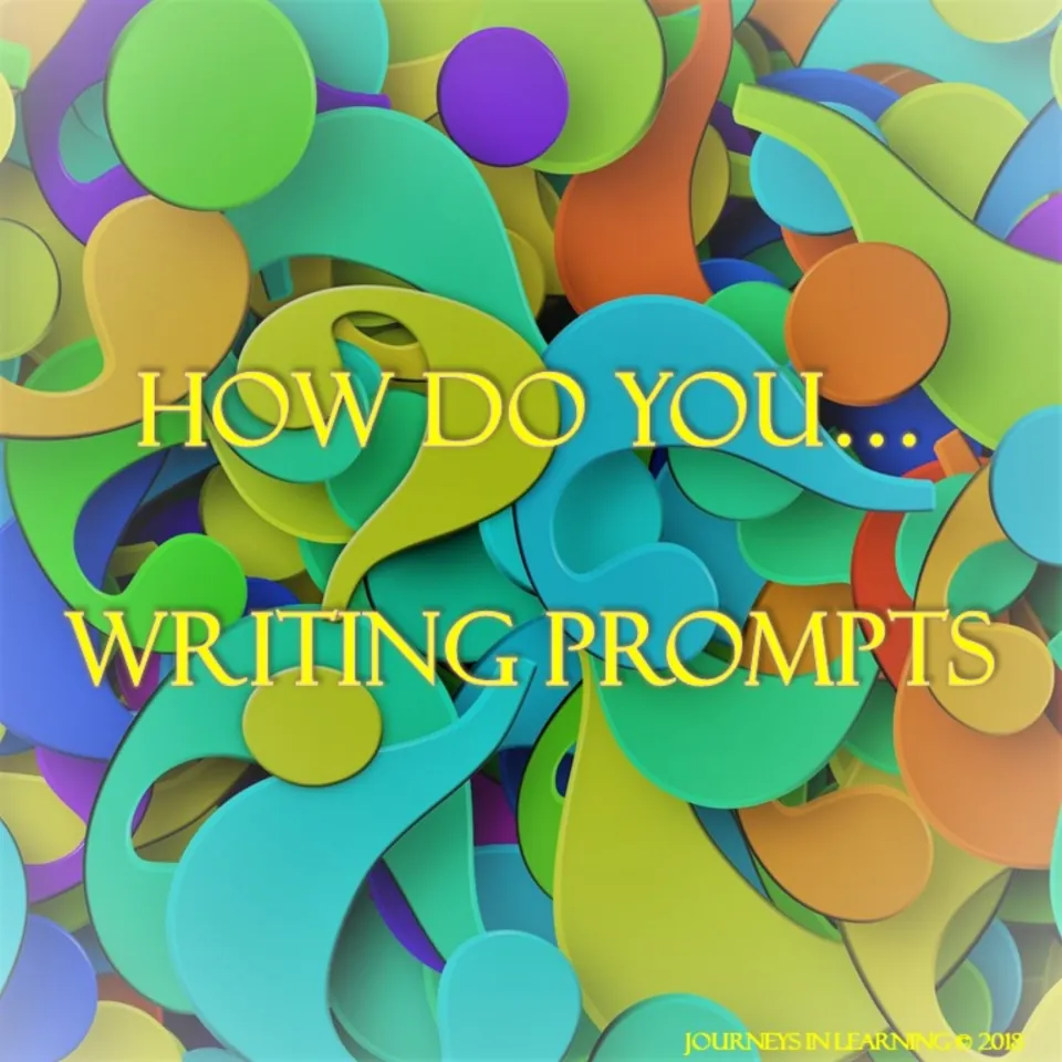 Cover of How Do You... Writing Prompts from Journeys in Learning, yellow title over colorful question mark shapes