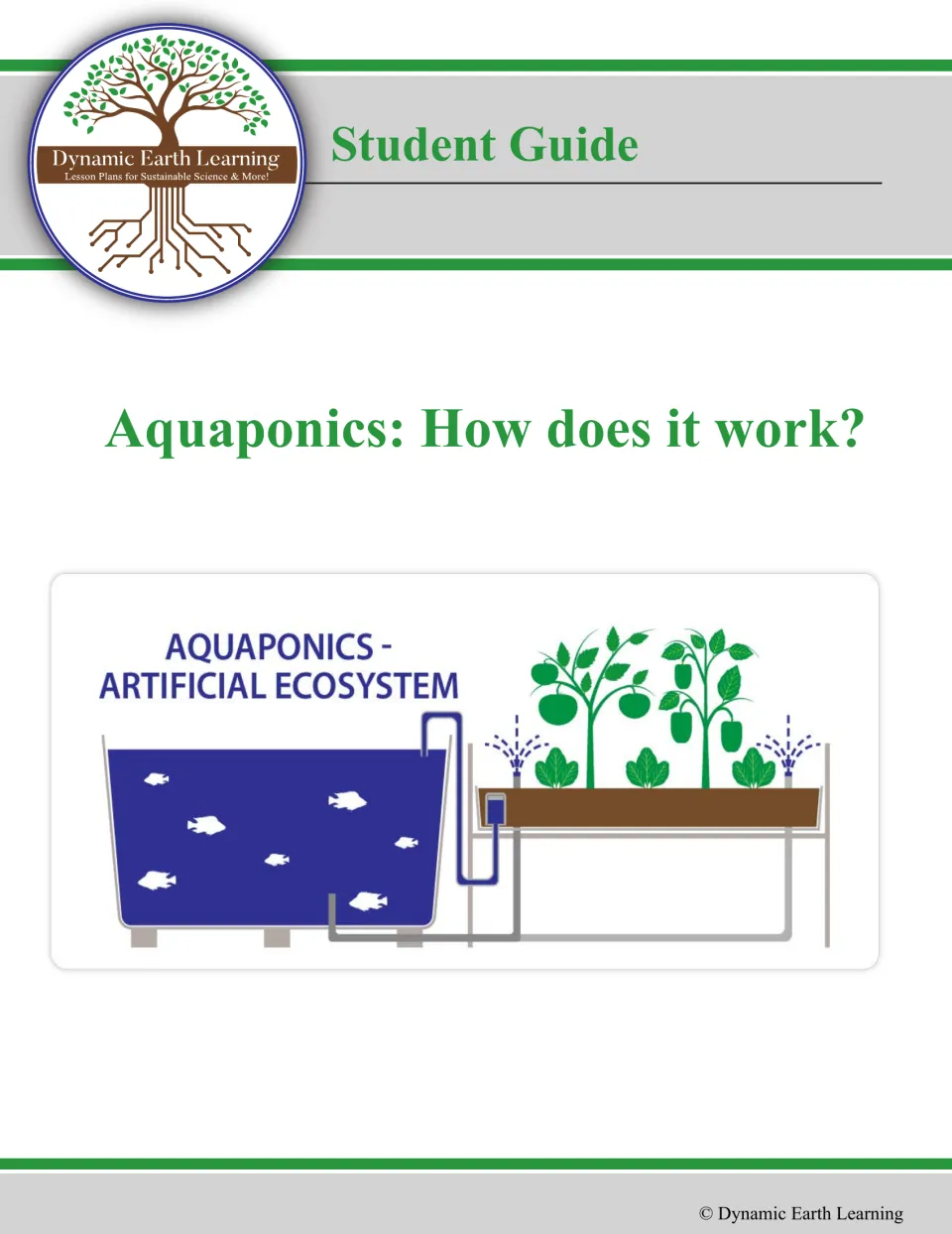Aquaponics: How does it work? student guide cover showing a fish tank pumping water to a bed of vegetable plants