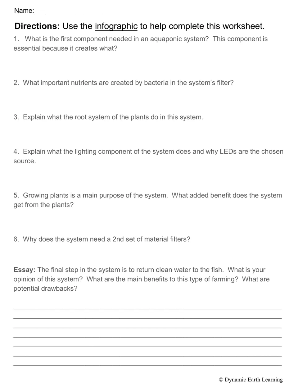 Aquaponic system questions: students use an infographic to explain fish, bacteria, roots, LEDs and filters, plus an essay