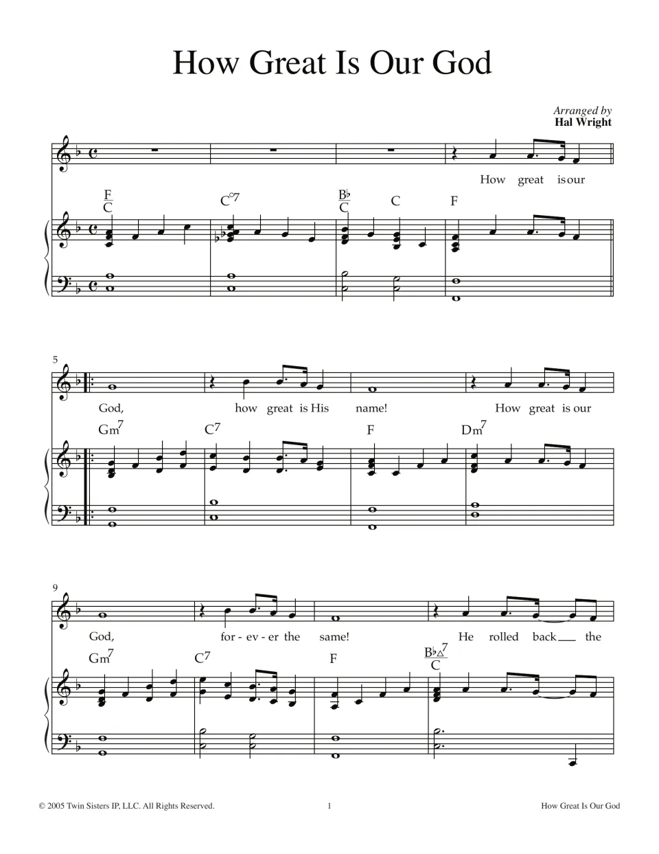 How Great Is Our God, measures 1-12: vocal melody with lyrics, chord symbols and piano part, arranged by Hal Wright