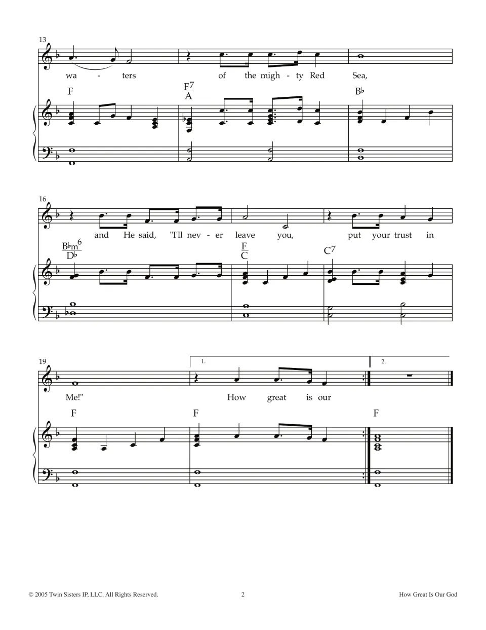 Song ending, measures 13-20: melody and piano with lyrics about the mighty Red Sea, chord symbols and 1st and 2nd endings