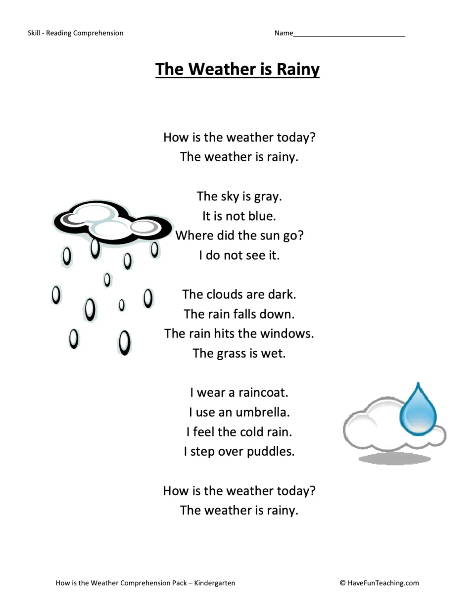 Rainy weather reading passage describes a gray sky, dark clouds, wet grass, a raincoat, and an umbrella