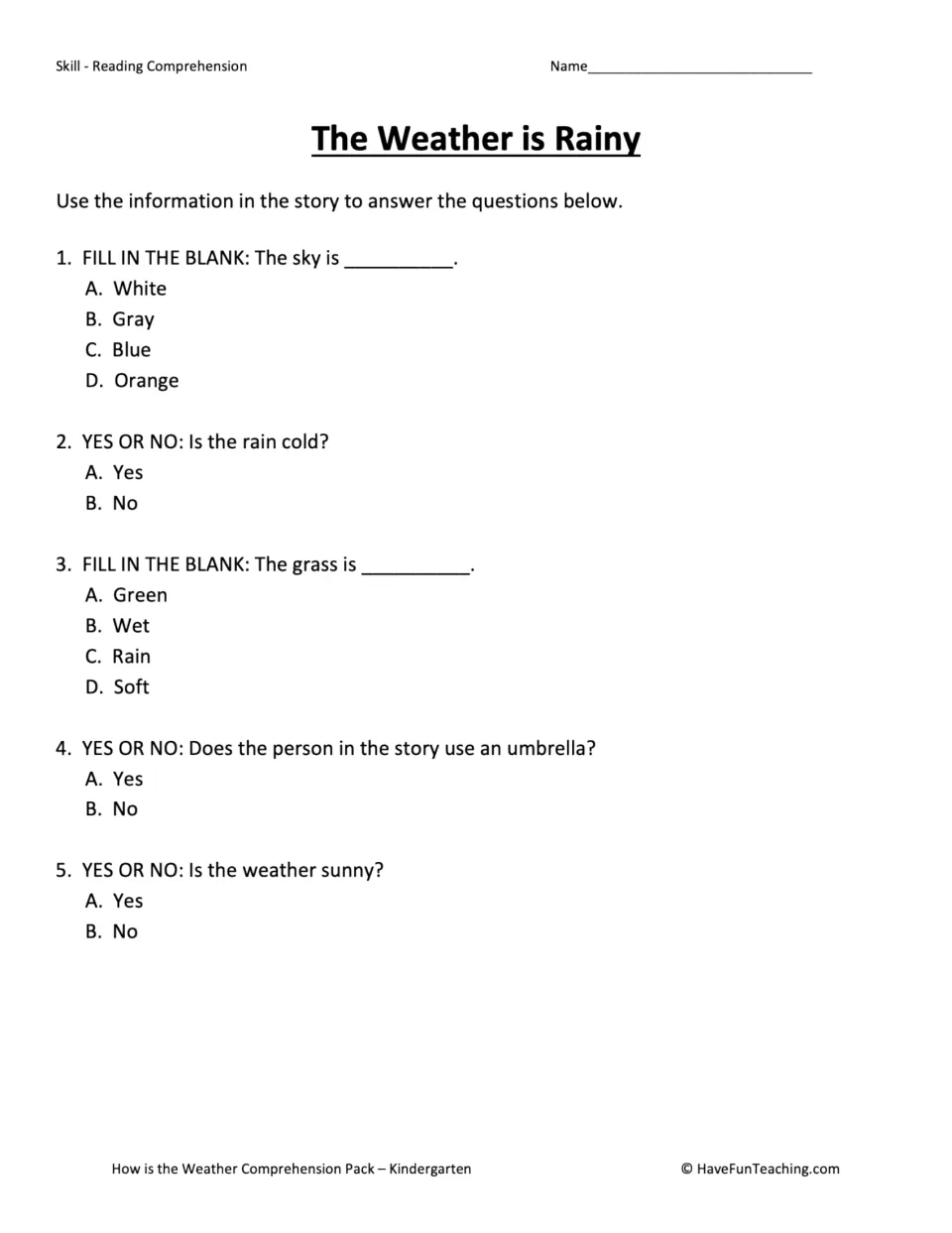 Rainy weather comprehension test: five questions about sky color, cold rain, wet grass, and umbrella use