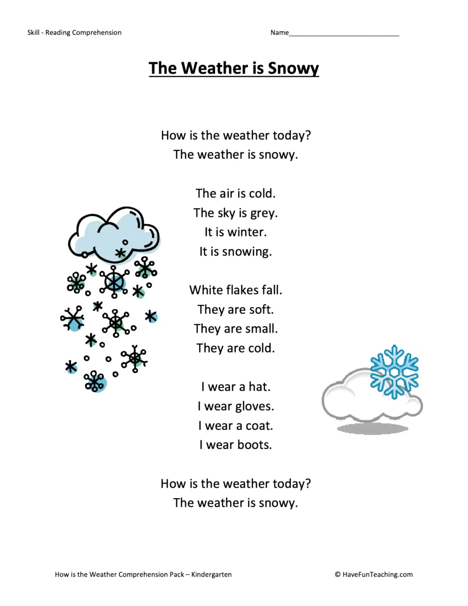 Snowy weather reading passage describes cold air, falling white flakes, and wearing a hat, gloves, coat, and boots