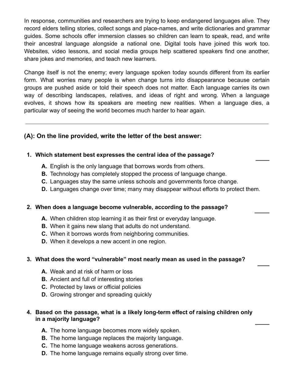 Passage conclusion covers language preservation; questions 1–4 address main idea, vulnerability, and language loss.