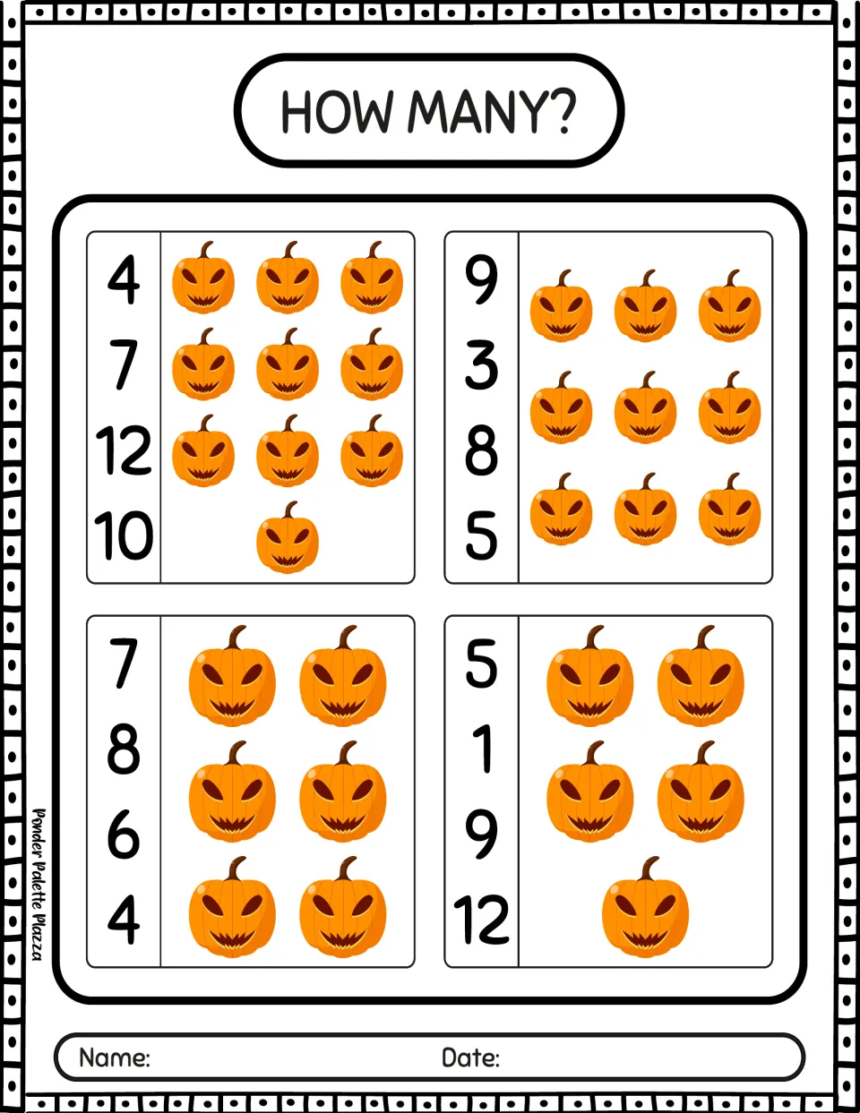 Pumpkin counting activity 1: count groups of 10, 9, 6, and 5 jack-o'-lanterns and choose matching numbers.