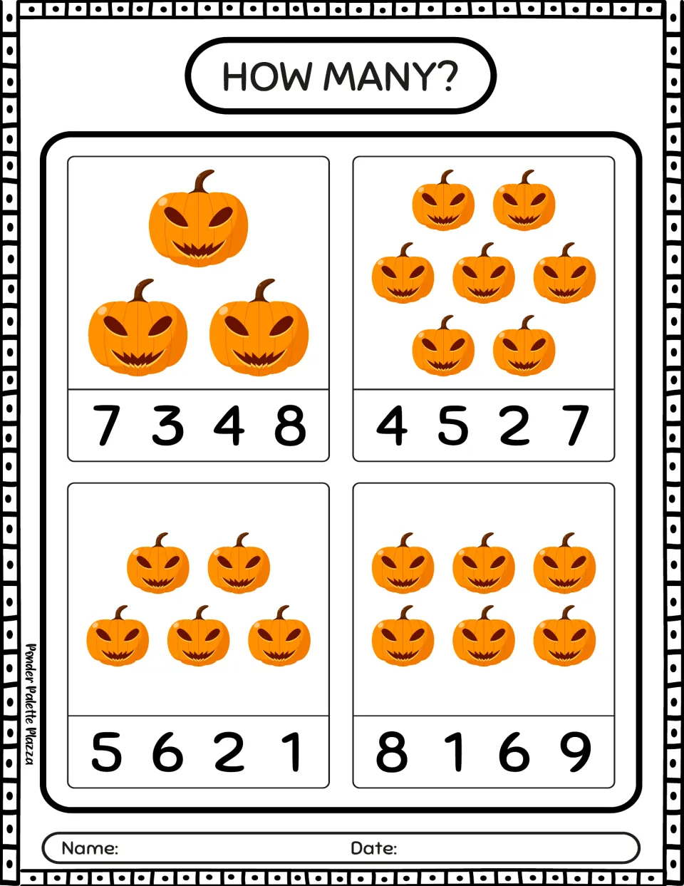 Pumpkin counting activity 2: count groups of 3, 7, 5, and 6 jack-o'-lanterns and select matching numbers.