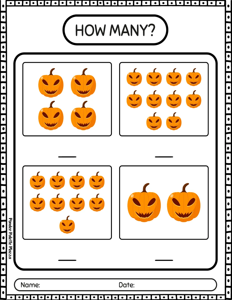 Pumpkin counting activity 3: count groups of 4, 10, 9, and 2 jack-o'-lanterns and write each group's total.