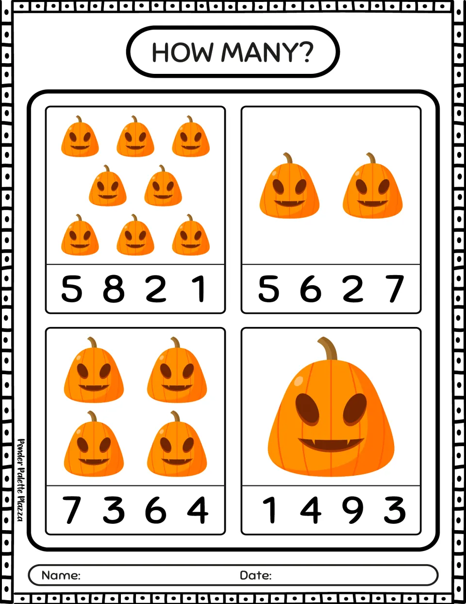 Pumpkin counting activity 4: count groups of 8, 2, 4, and 1 smiling pumpkins and choose matching numbers.