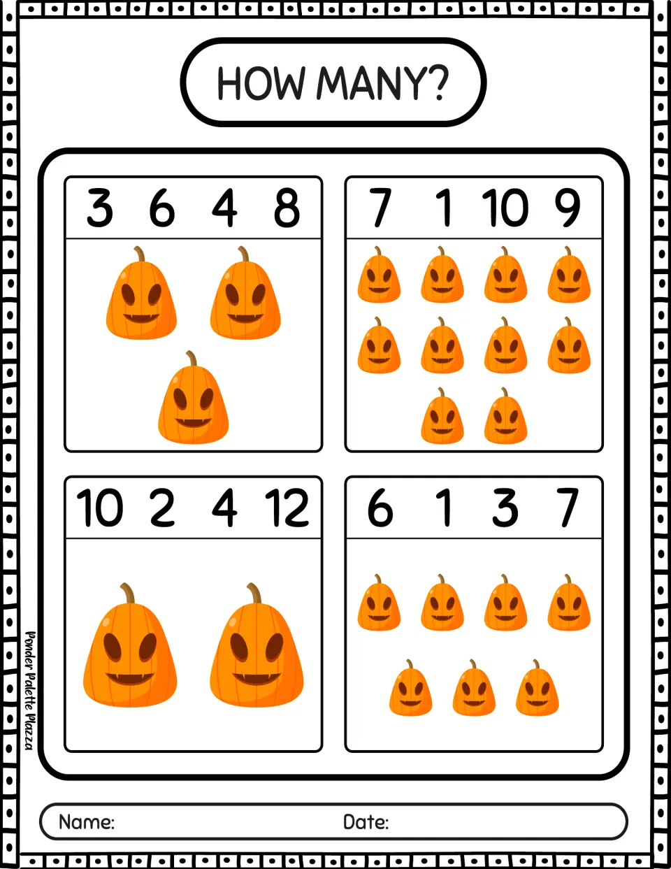 Pumpkin counting activity 5: count groups of 3, 10, 2, and 7 smiling pumpkins and select matching numbers.