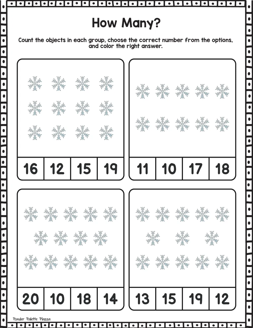 Snowflake counting: students count four groups of 10 to 14 snowflakes and color the matching number from four choices