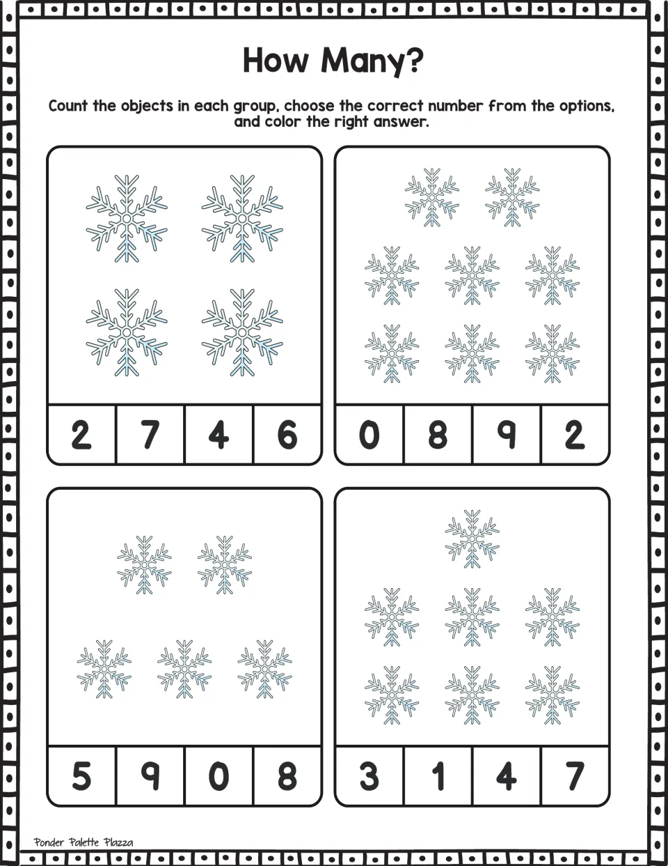 Counting large snowflakes: students count four groups of 4 to 8 snowflakes and color the matching numeral for each