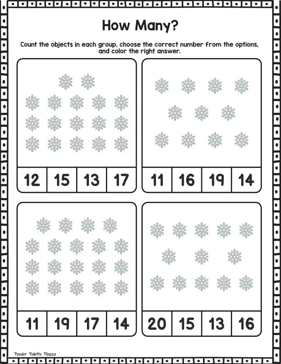 Patterned snowflake count: students count groups of 11 to 19 and color the right number in each of four sets