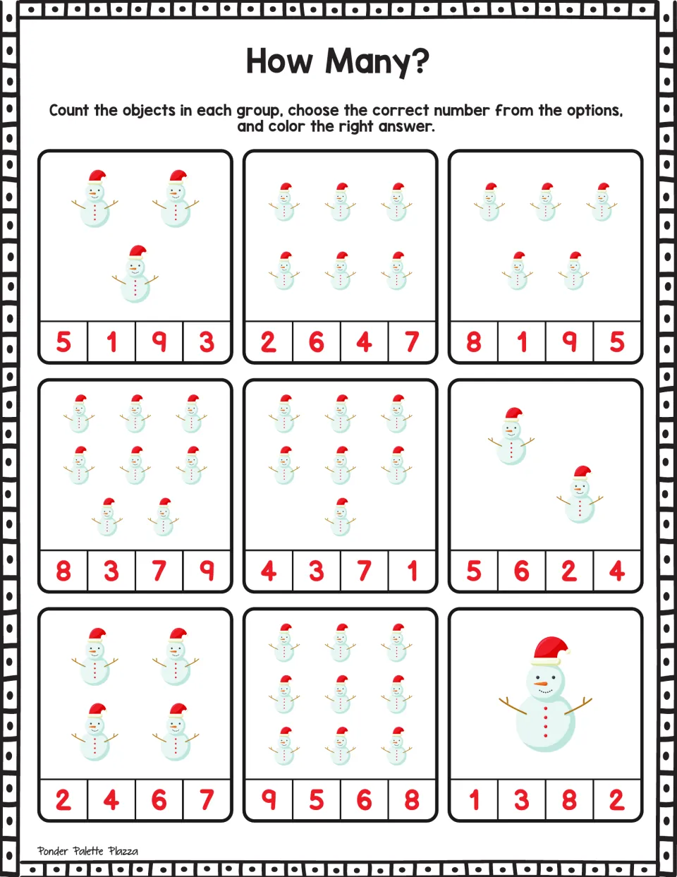 Snowmen in Santa hats: students count nine small sets of 1 to 9 snowmen and color the matching red number
