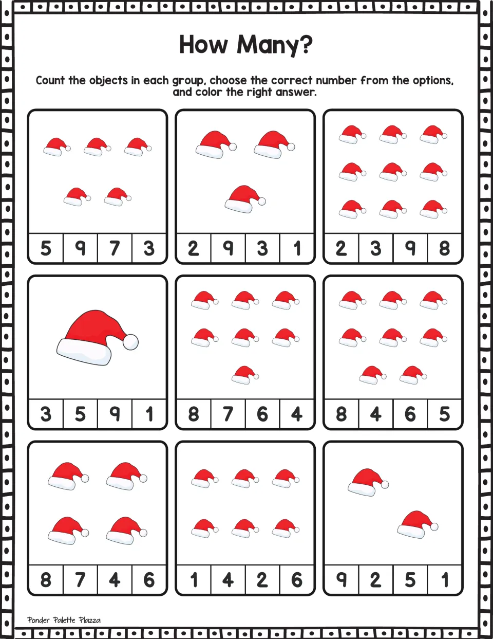 Santa hat counting: students count nine sets of 1 to 9 red hats and color the correct number from four options