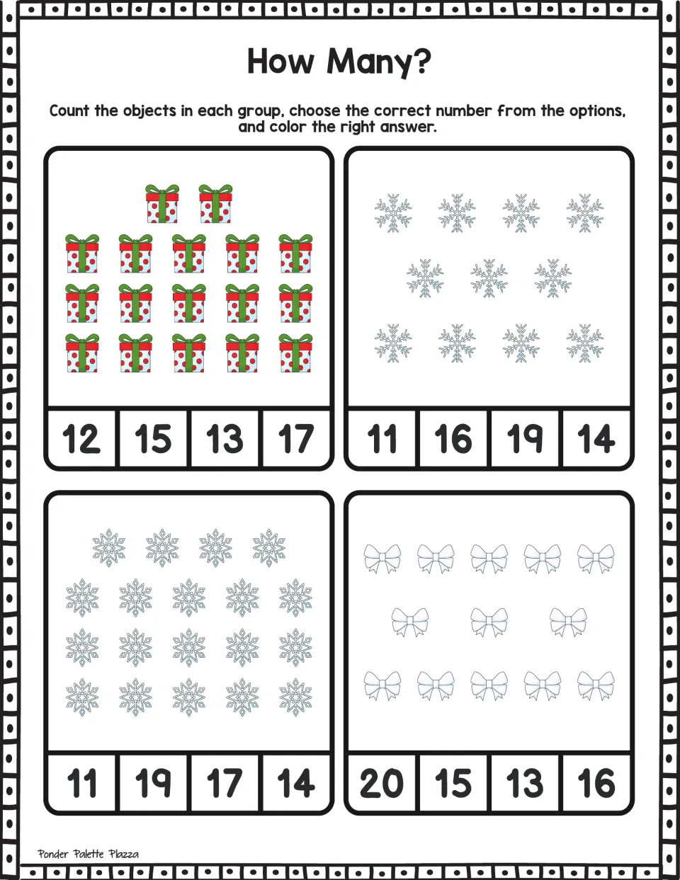 Mixed holiday sets: students count 17 gifts, 11 and 19 snowflakes and 13 white bows, then color each total