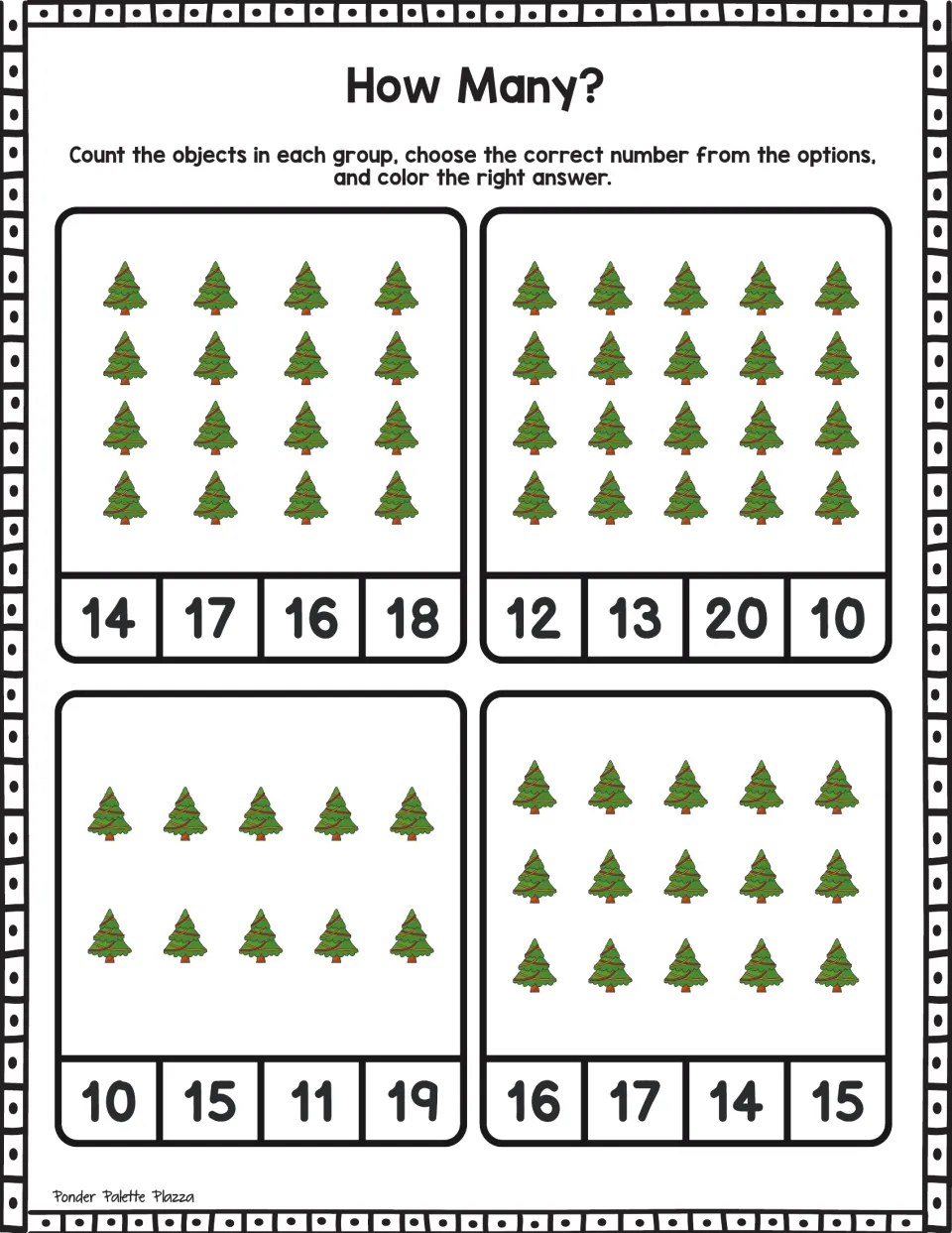 Christmas tree counting: students count four tree groups of 10, 15, 16 and 20 and color the right number for each