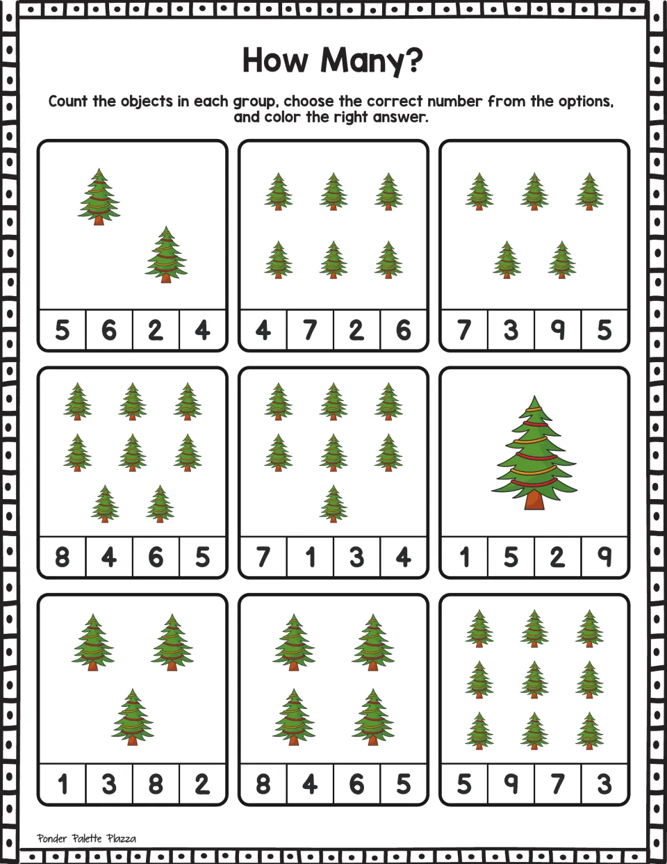 Decorated tree sets: students count nine groups of 1 to 9 Christmas trees and color the matching number