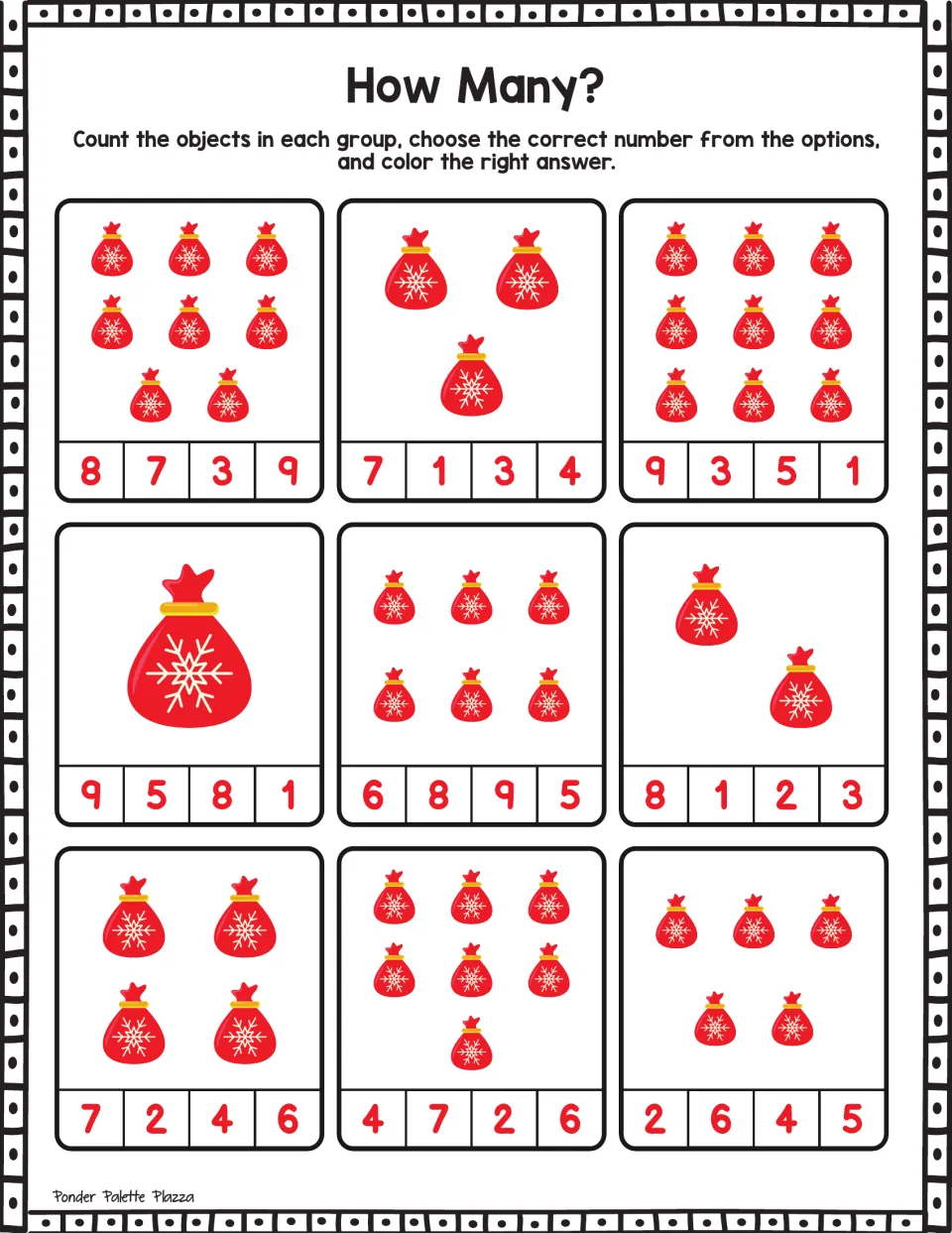 Gift sack counting: students count nine sets of 1 to 9 red snowflake sacks and color the correct red numeral