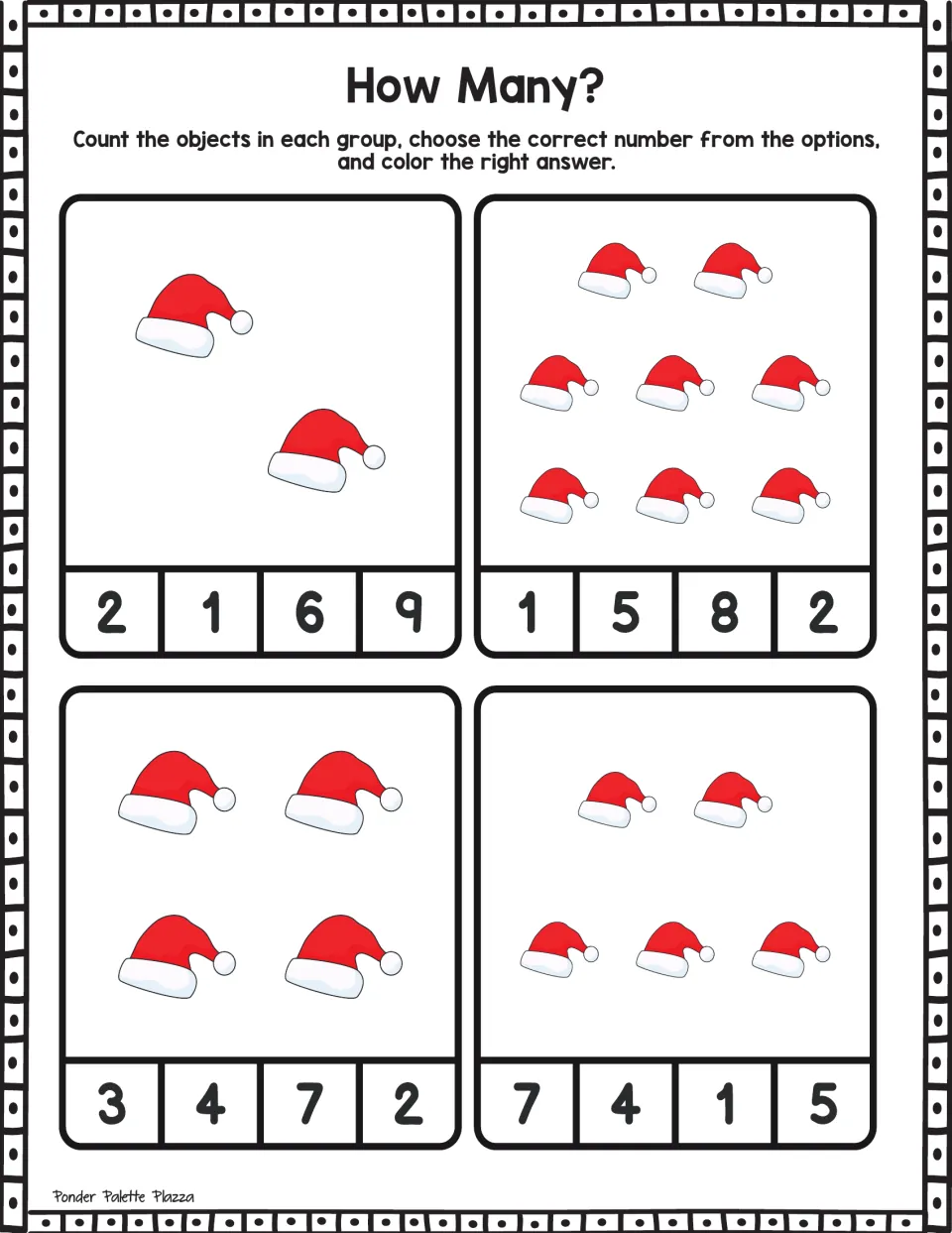 Counting large Santa hats: students count four groups of 2, 4, 5 and 8 hats and color the matching number