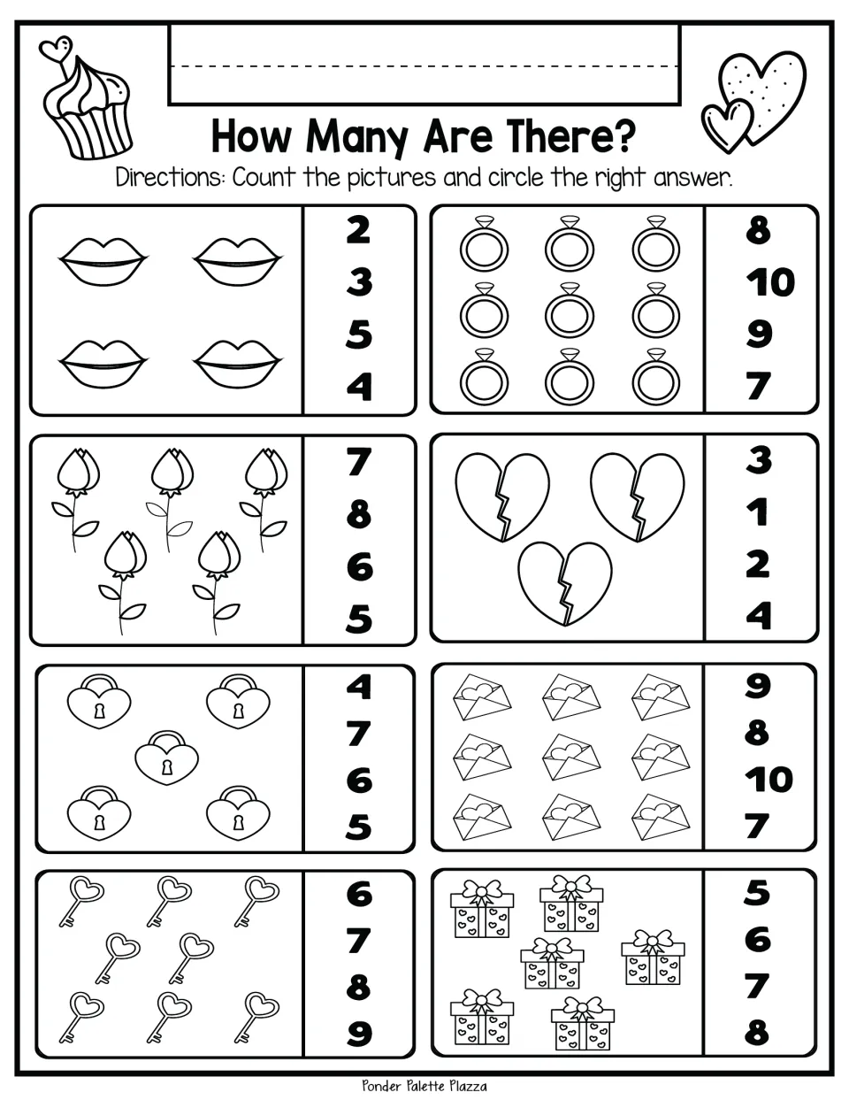 Valentine's Day counting practice: count lips, rings, roses, broken hearts, locks, letters, keys, and gifts.