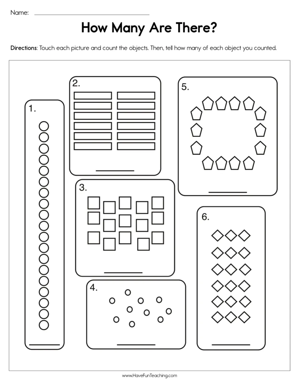 Counting practice: six groups of circles, rectangles, squares, pentagons, and diamonds to count and total.