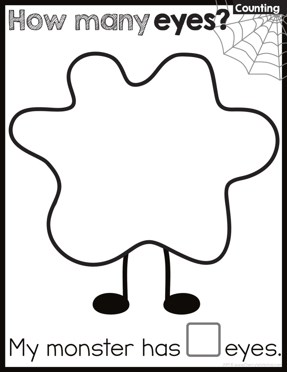 Counting worksheet: one large monster to add eyes to and complete the sentence 'My monster has __ eyes.'