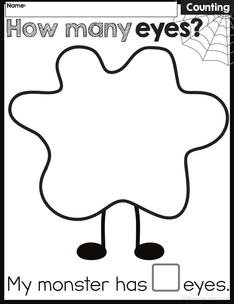 Counting worksheet with a name field, one large monster, and the sentence 'My monster has __ eyes.'