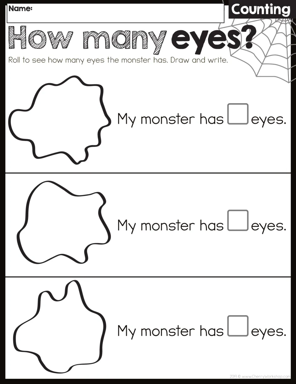 Counting worksheet: roll, draw eyes on three monsters, and complete 'My monster has __ eyes' for each.