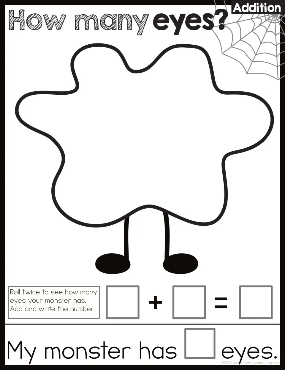 Addition worksheet: roll twice for one large monster's eyes, write an addition equation, and record the total.