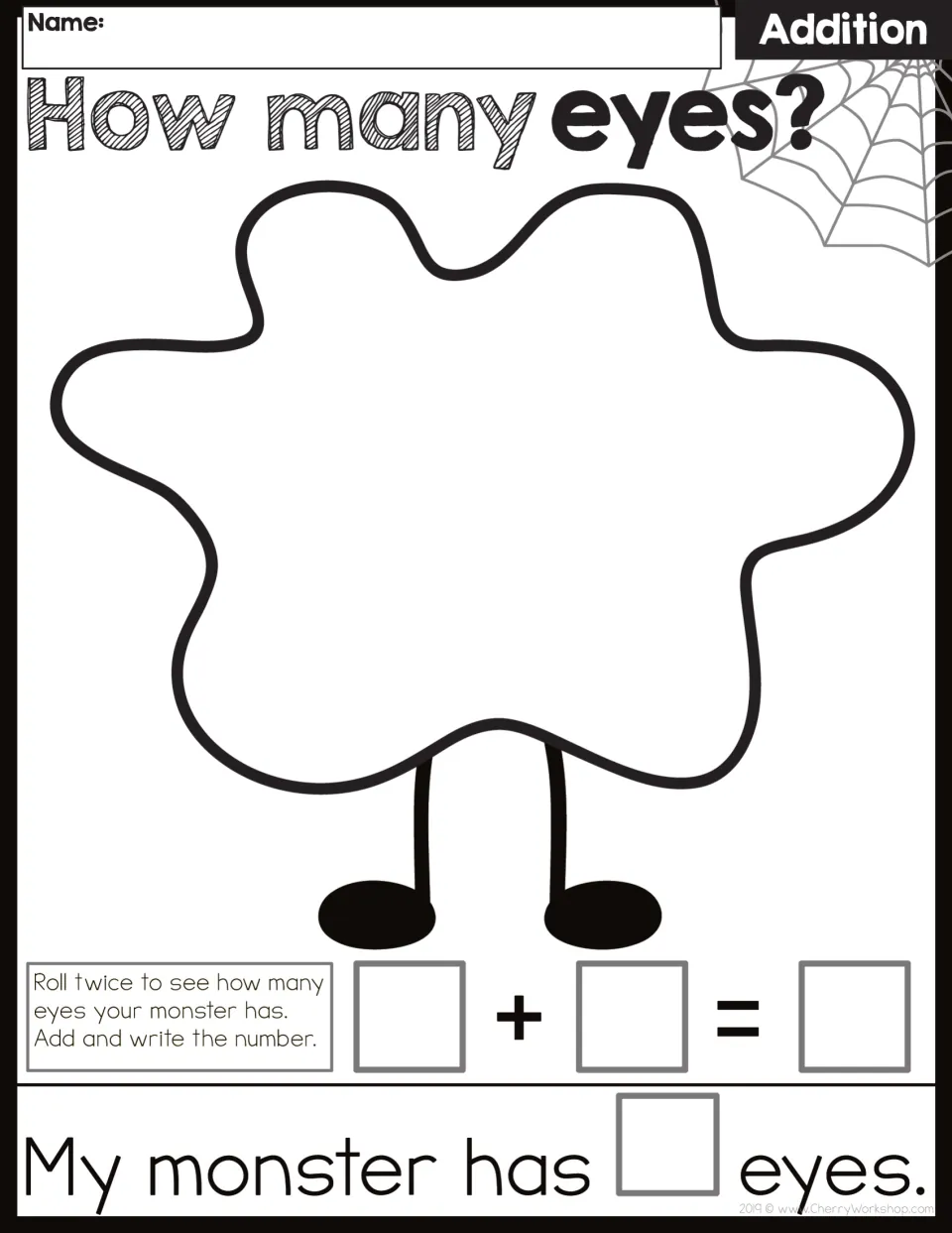 Addition worksheet with a name field: roll twice for one monster's eyes, add, and write how many eyes it has.