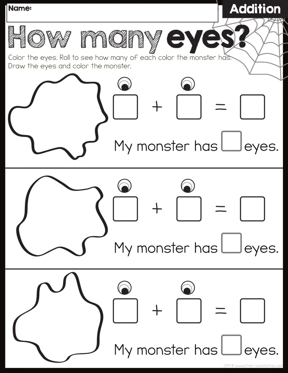 Addition worksheet: color eye symbols, roll for each color, draw eyes on three monsters, and write sums.